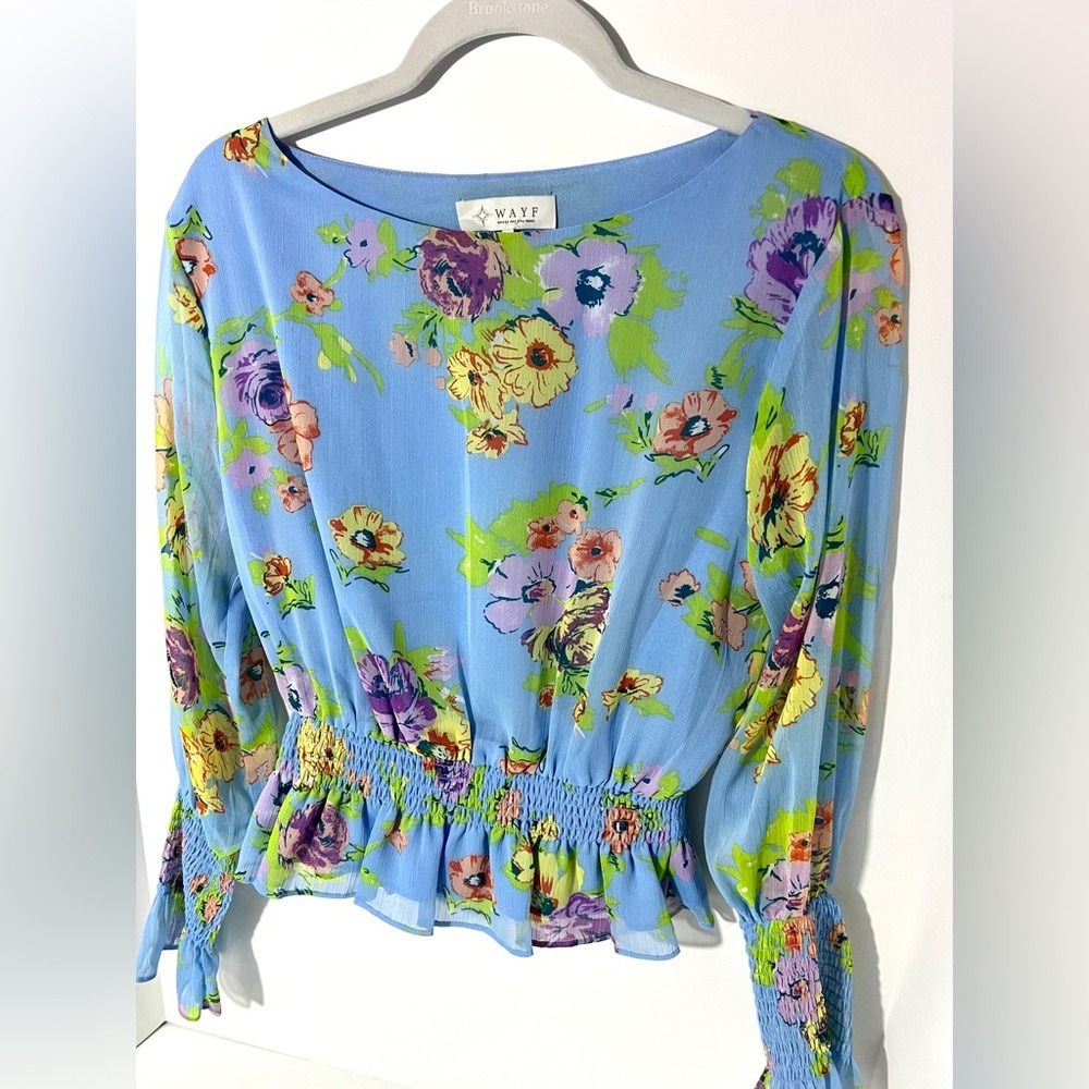 WAYF Womens Smocked Cuff Floral‎ Chiffon Blouse BlueSize Small